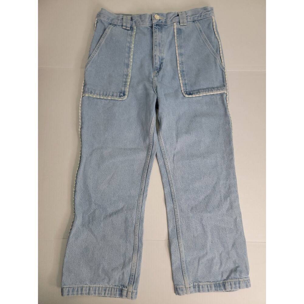 ZARA High Rise Jeans Sz 14 Tweed Trim Jewel Button Crop Wide Leg Light Wash Y2K - Picture 3 of 11